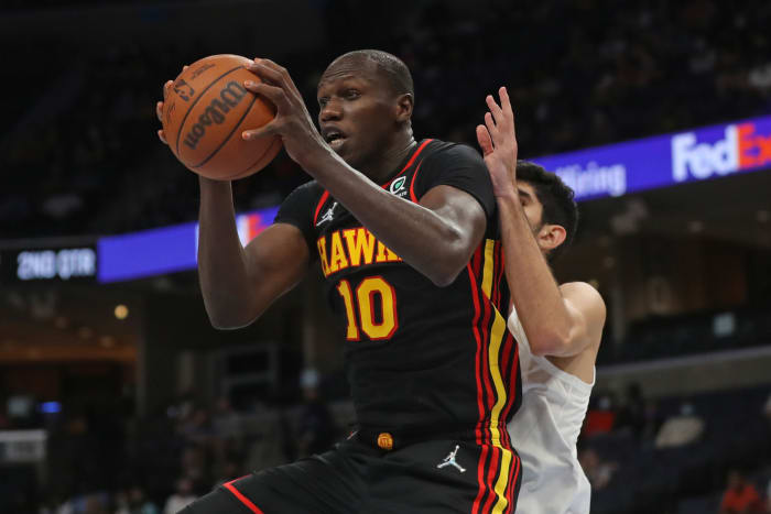 Oct 9, 2021; Memphis, Tennessee, USA; Atlanta Hawks center Gorgui Dieng (10) during the first half against the Memphis Grizzlies at FedExForum.